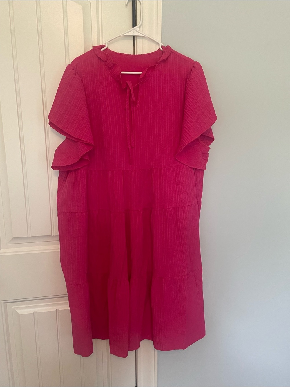 SHEIN Hot Pink Ruffle Sleeve Tiered Shift Dress